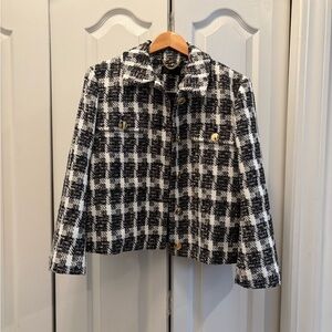 J. Crew Black and White Plaid Tweed Jacket with Gold Chain Detail